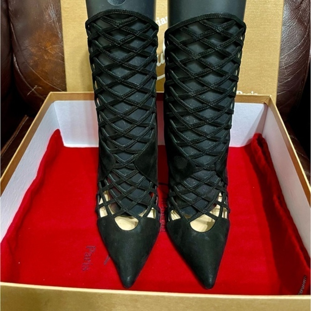 Christian Louboutin Mrs Bouglione cage bootie pointy toe Veau Velour 120mm EU37